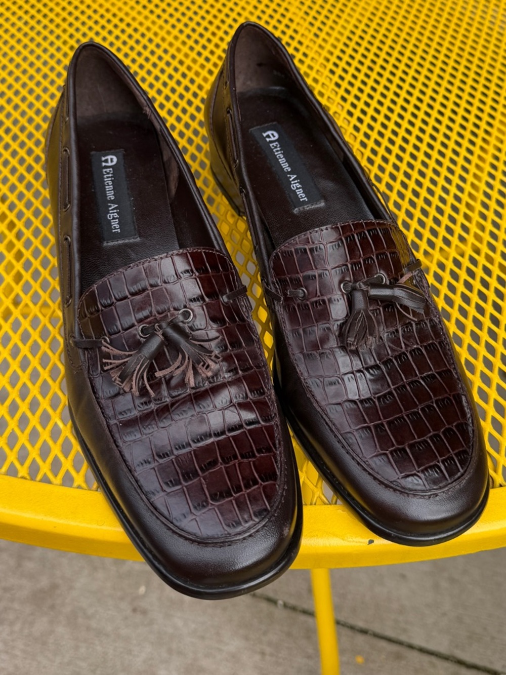Etienne Aigner Croc Embossed Leather  Tassel Loafers Vintage 90s Classic Preppy